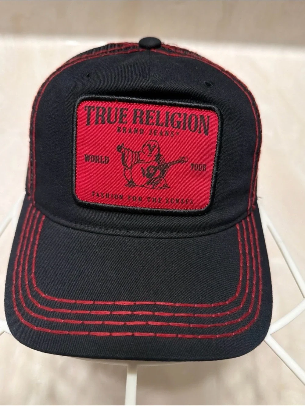 True Religion Black and Red Logo Patch Trucker Hat